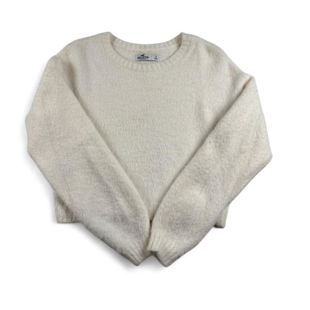 Hollister Cream Fuzzy Cropped Sweater Women’s Small Soft Cozy Knit Pullover